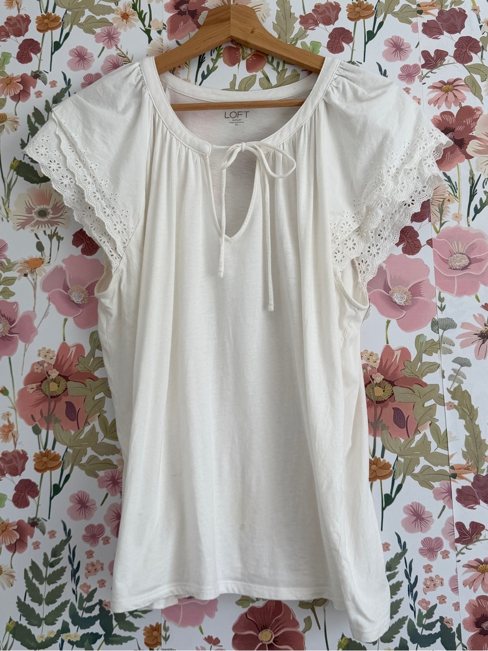 LOFT Cream Eyelet Flutter Sleeve Tie-Front Top